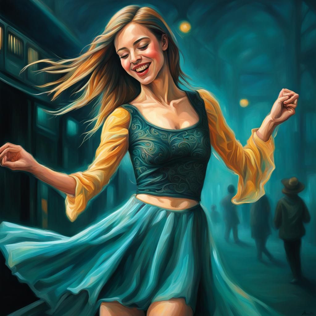 Joyful Woman Dancing at Train Station: Expressionist Oil Pai...