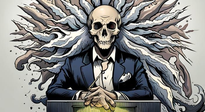 Skull-Faced CEO Radiating Demon Energy in Anime Style