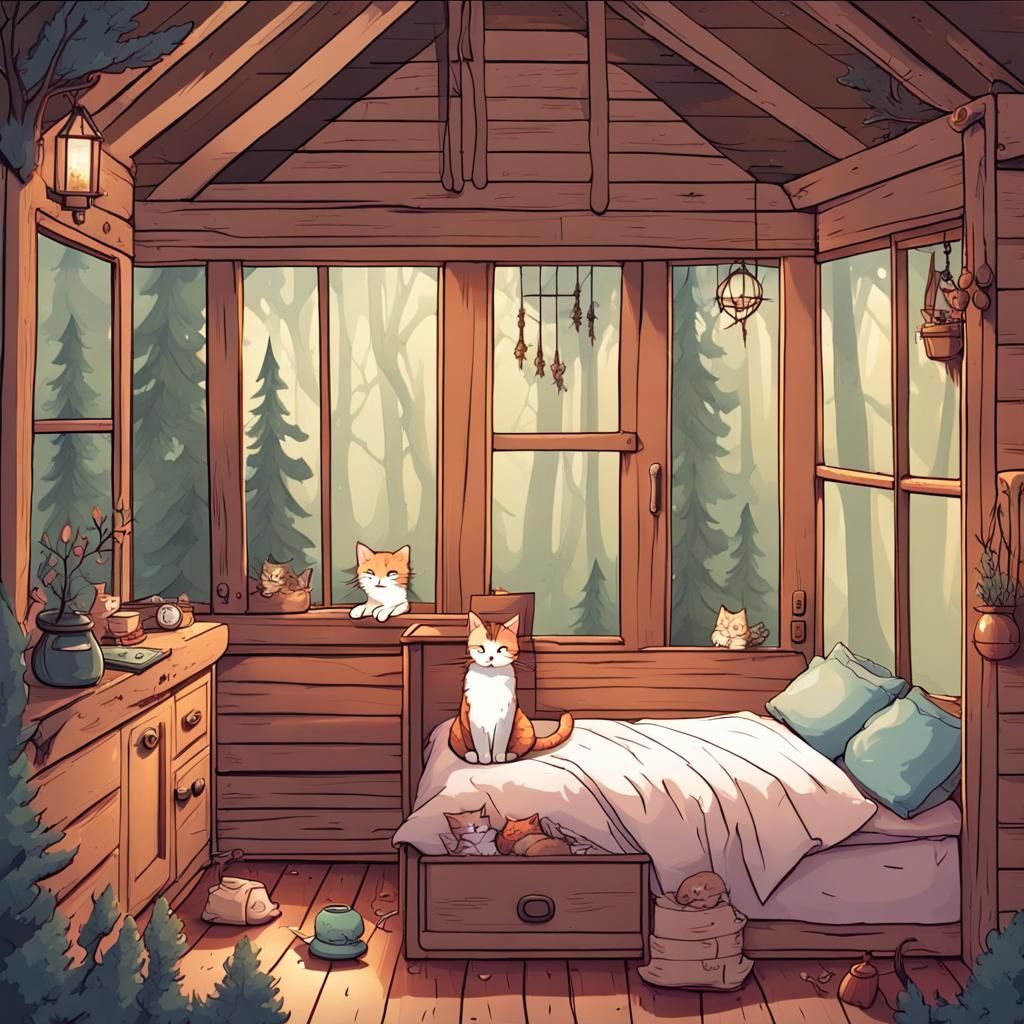 Anime Witch and Cat in Forest Cabin
