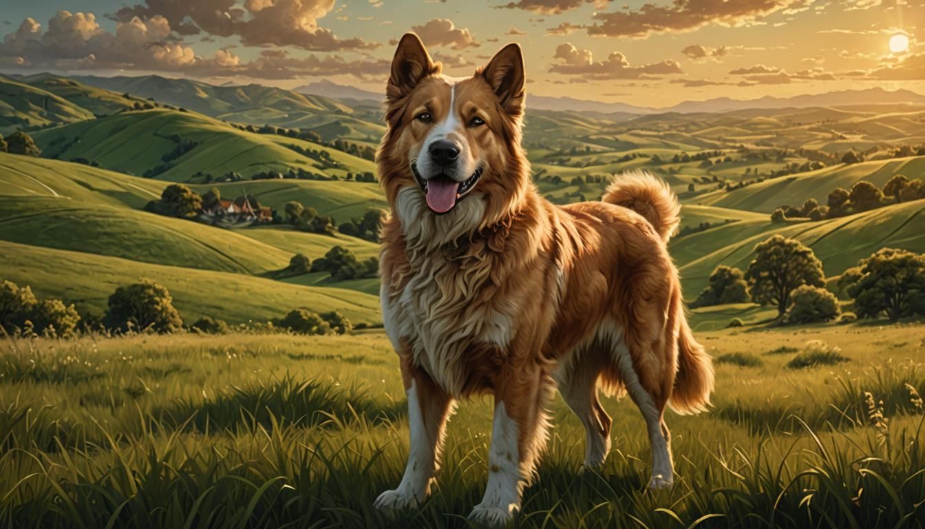 Majestic Dog in Lush Field: Digital Matte Painting