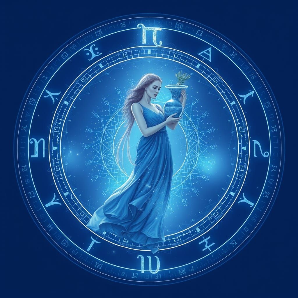 Astral Woman in Zodiac Circle, Gentle Blue Hues