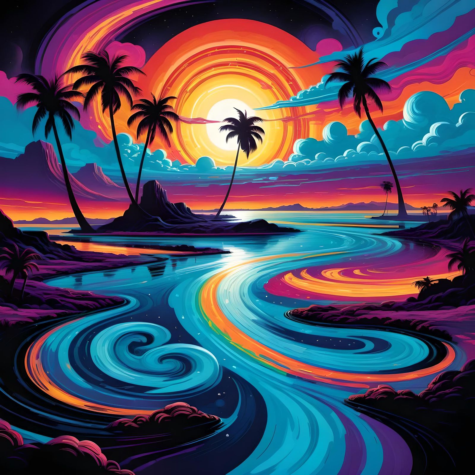 Alien Planet Palm Trees Frame Swirling Sky