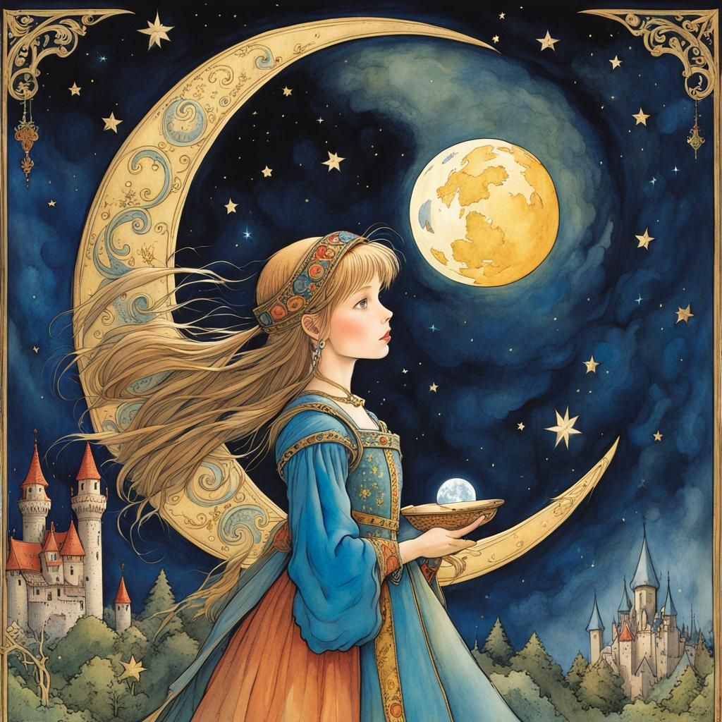 Girl Holds Up a Vibrant Magical Moon in Anime Style