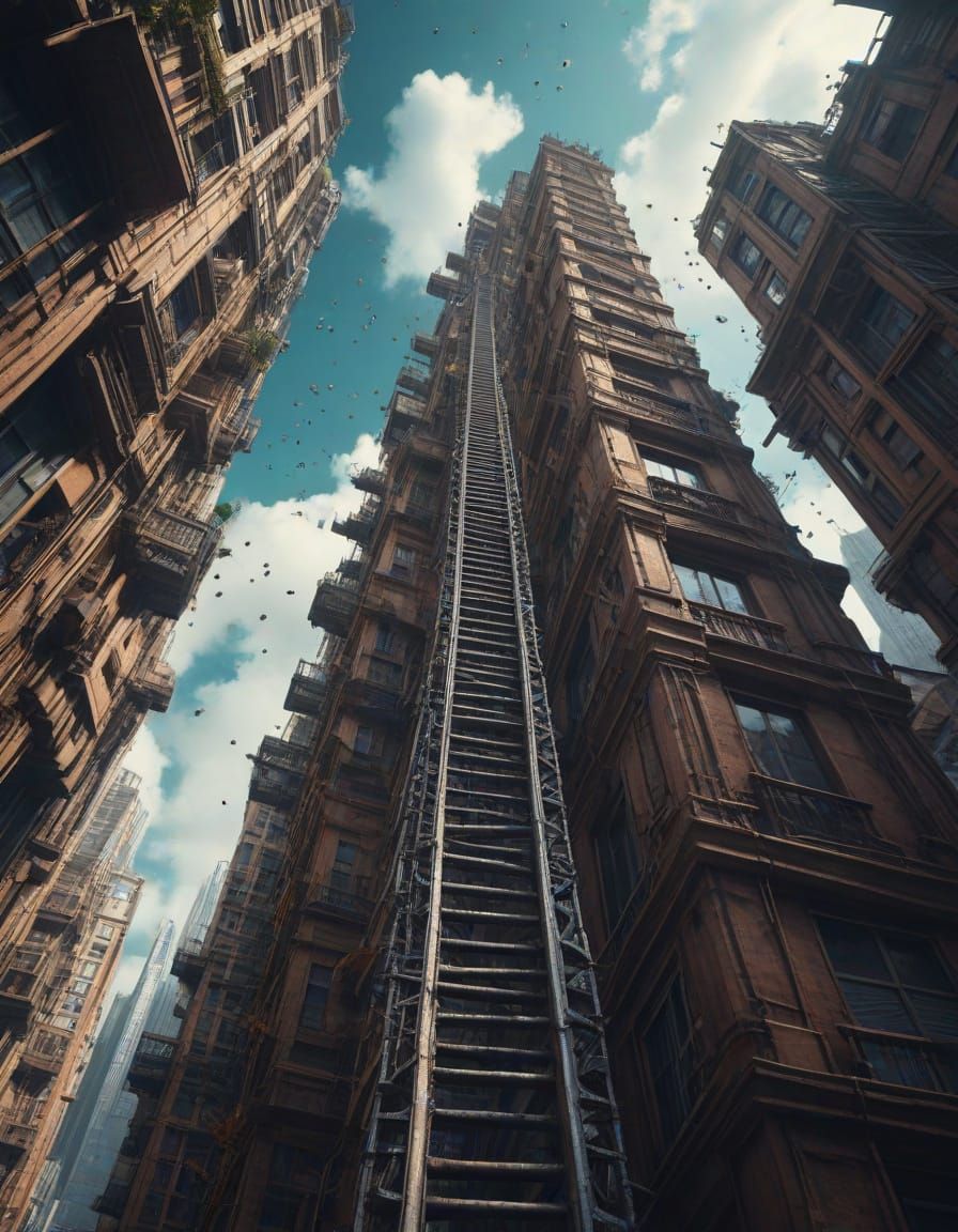 Surreal Infinite Ladder Between Buildings, Detailed Matte Pa...