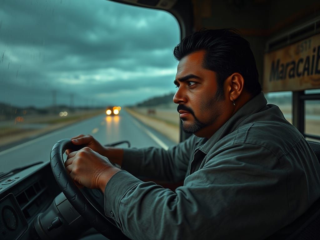 Latin Bus Driver in Stormy Night, High-Realism Style
