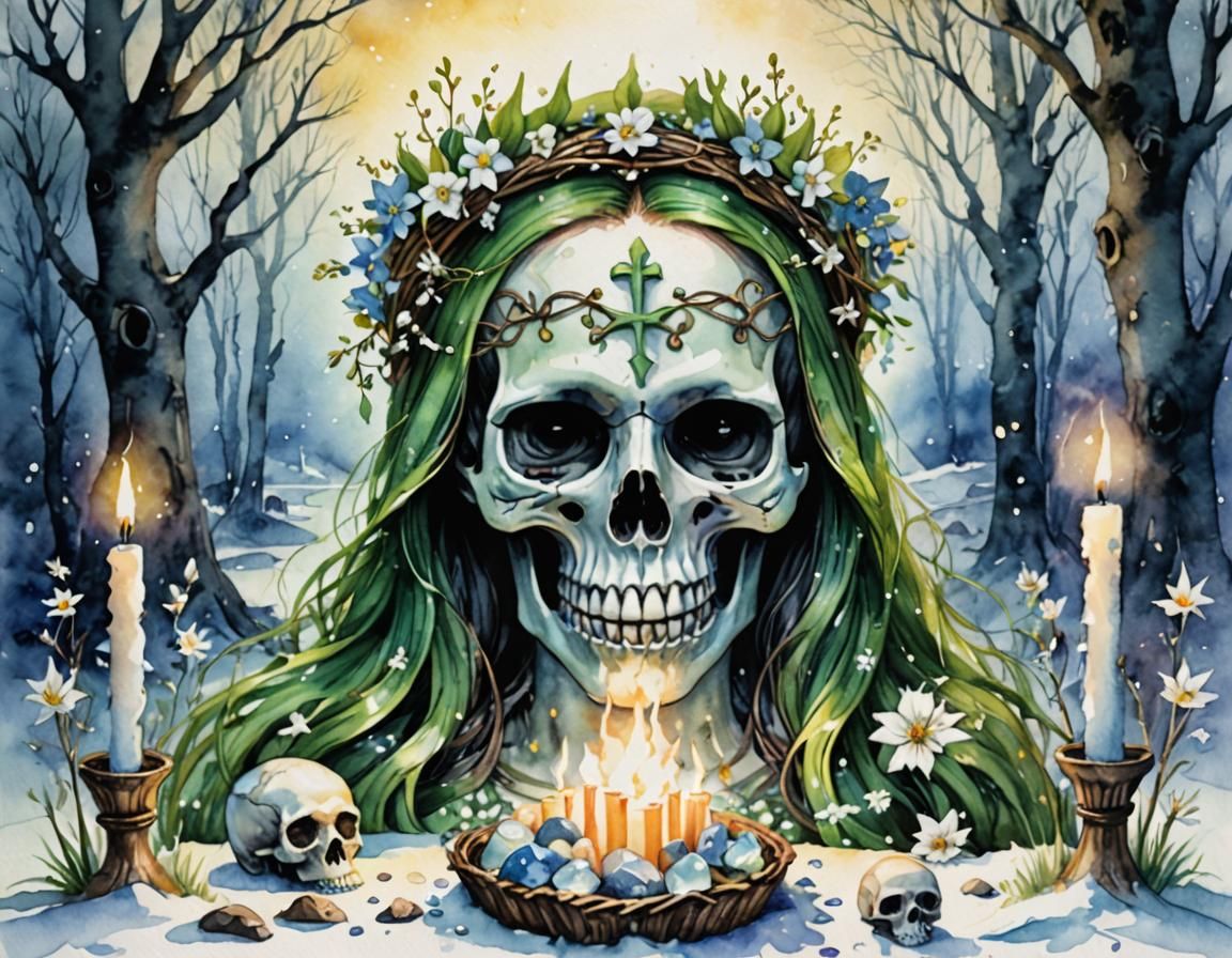 Imbolc Skull with Crystals: A Watercolor Spring Festival