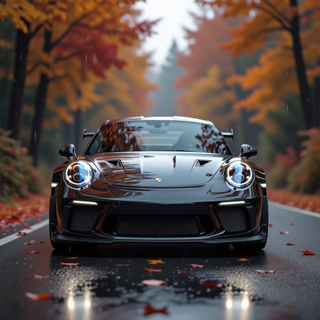 Black Porsche 911 GT3 RS in Autumn Rain