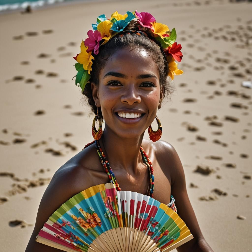 Caribbean Woman Dancing on Beach with Fan