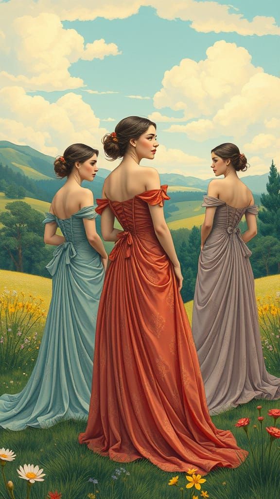 Elegant Women in Serene Landscape, Nouveau Art