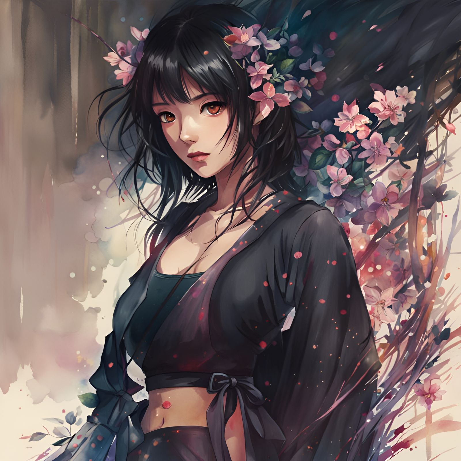 Watercolor Portrait of a Beautiful Japanese Girl