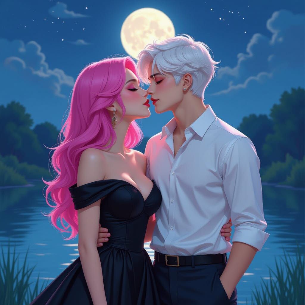 Romantic Couple Kissing by Riverbank in Alcohol Ink Style