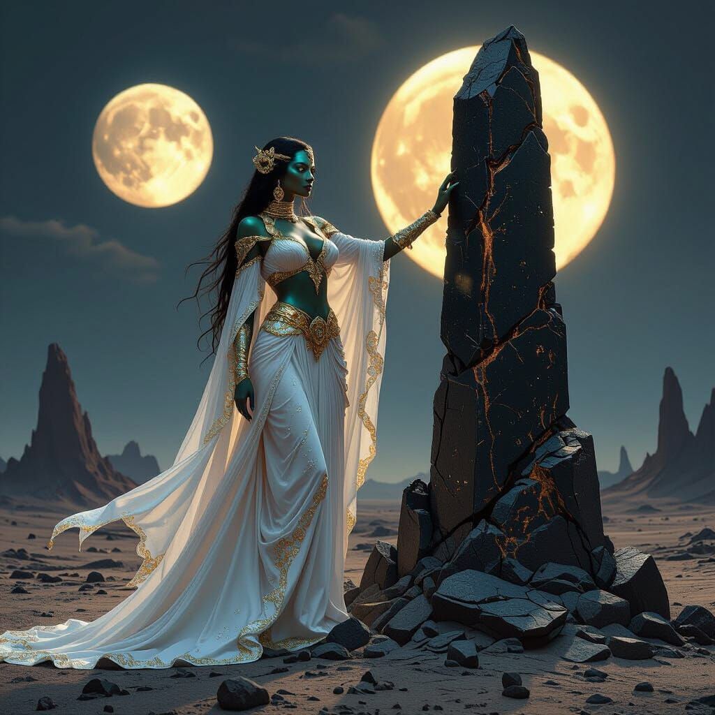 Iridescent Woman Beside Obsidian Tower in Hyperrealism