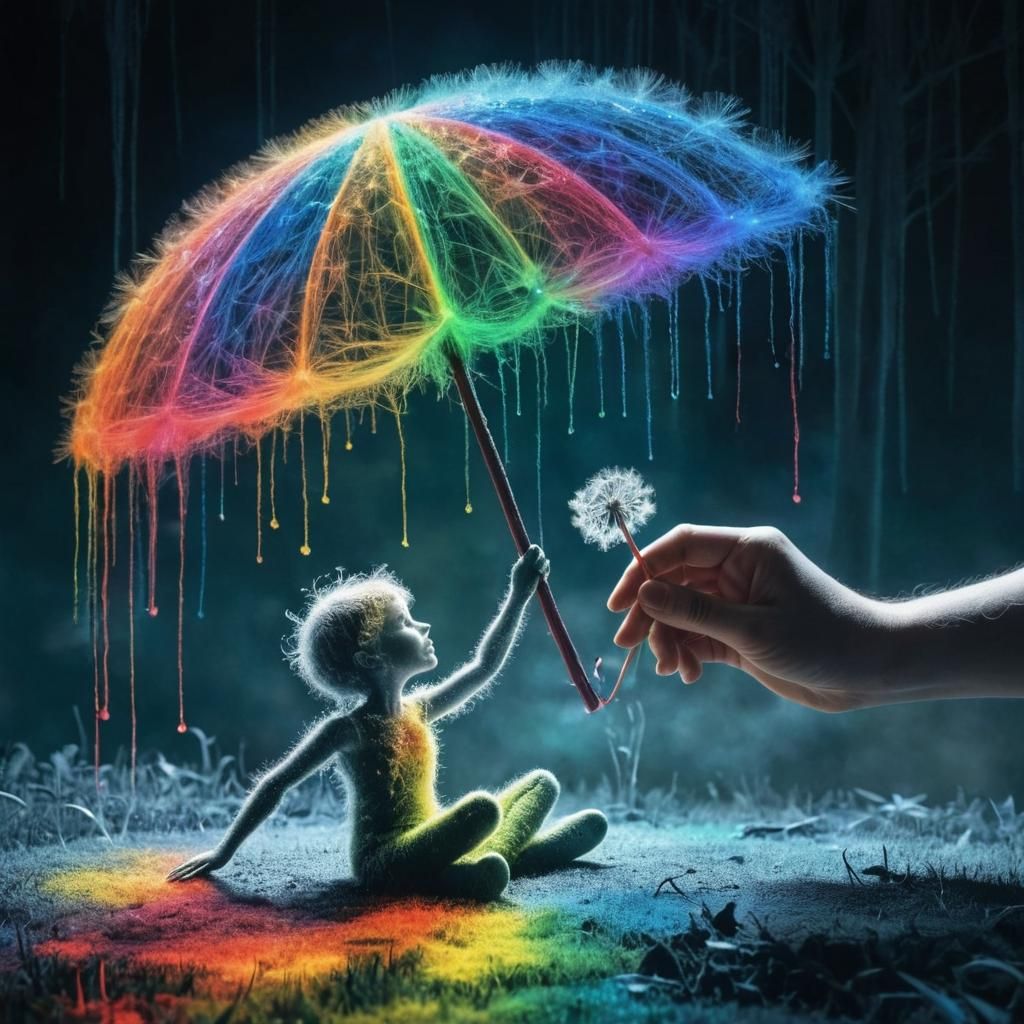 Surreal Childlike Landscape with Red Fairy, Rayograph Style