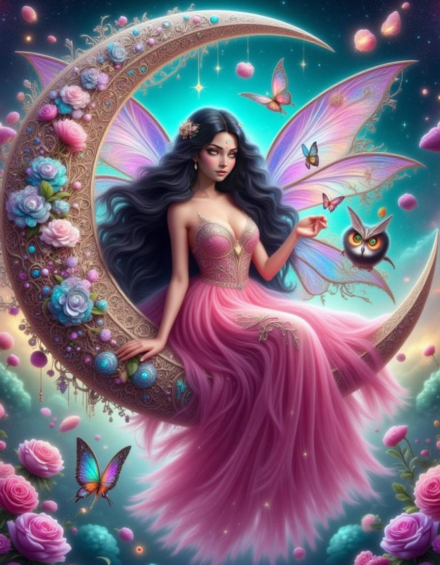 <lora:FiosFiligreeMoons:1.0>  A beautiful fairy with long, f...