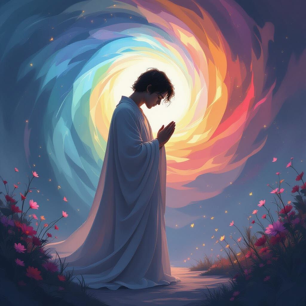 Contemplative Androgynous Figure in Dreamlike Digital Art