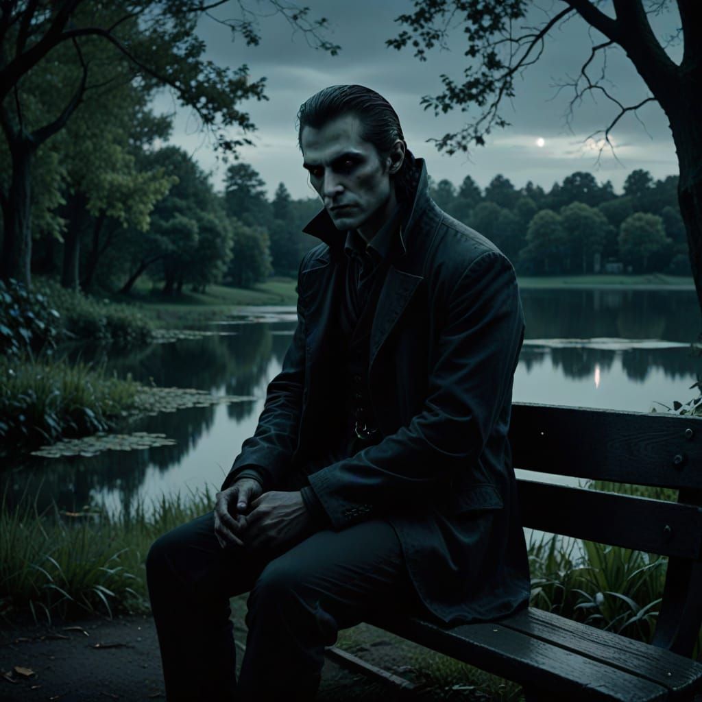 Pensive Vampire in Dark Fantasy Landscape