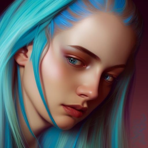 Ethereal young lady with cobalt blue hair and turquoise highlights and indigo highlights and light blue highlights and p...