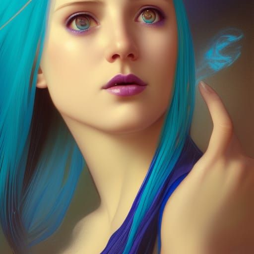 Ethereal young lady with cobalt blue hair and turquoise highlights and indigo highlights and light blue highlights and p...