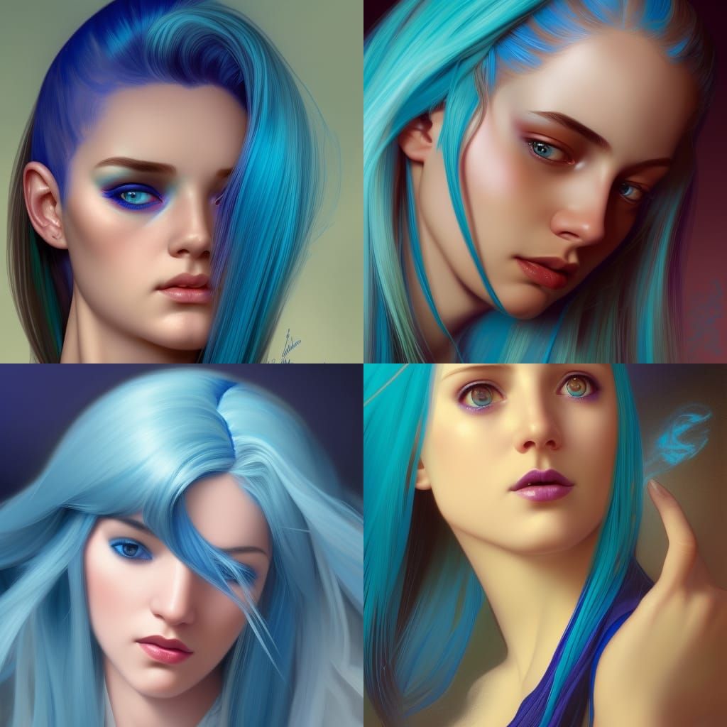 Ethereal young lady with cobalt blue hair and turquoise highlights and indigo highlights and light blue highlights and p...