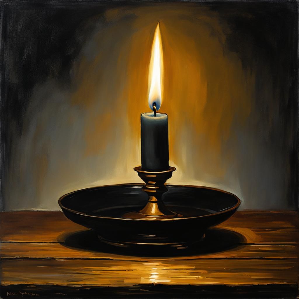 Candlelight on Wooden Table in Rembrandt Style