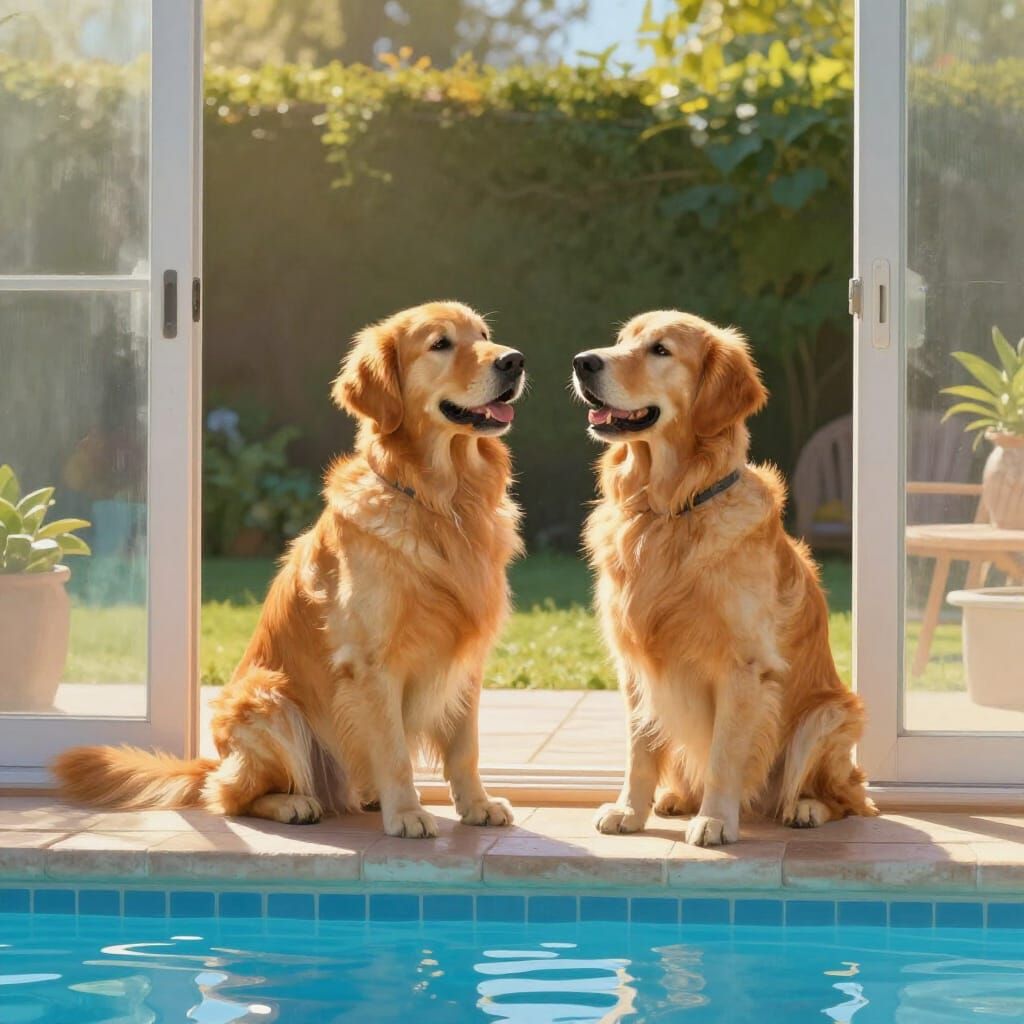 Golden Retrievers Eagerly Await Pool Playtime