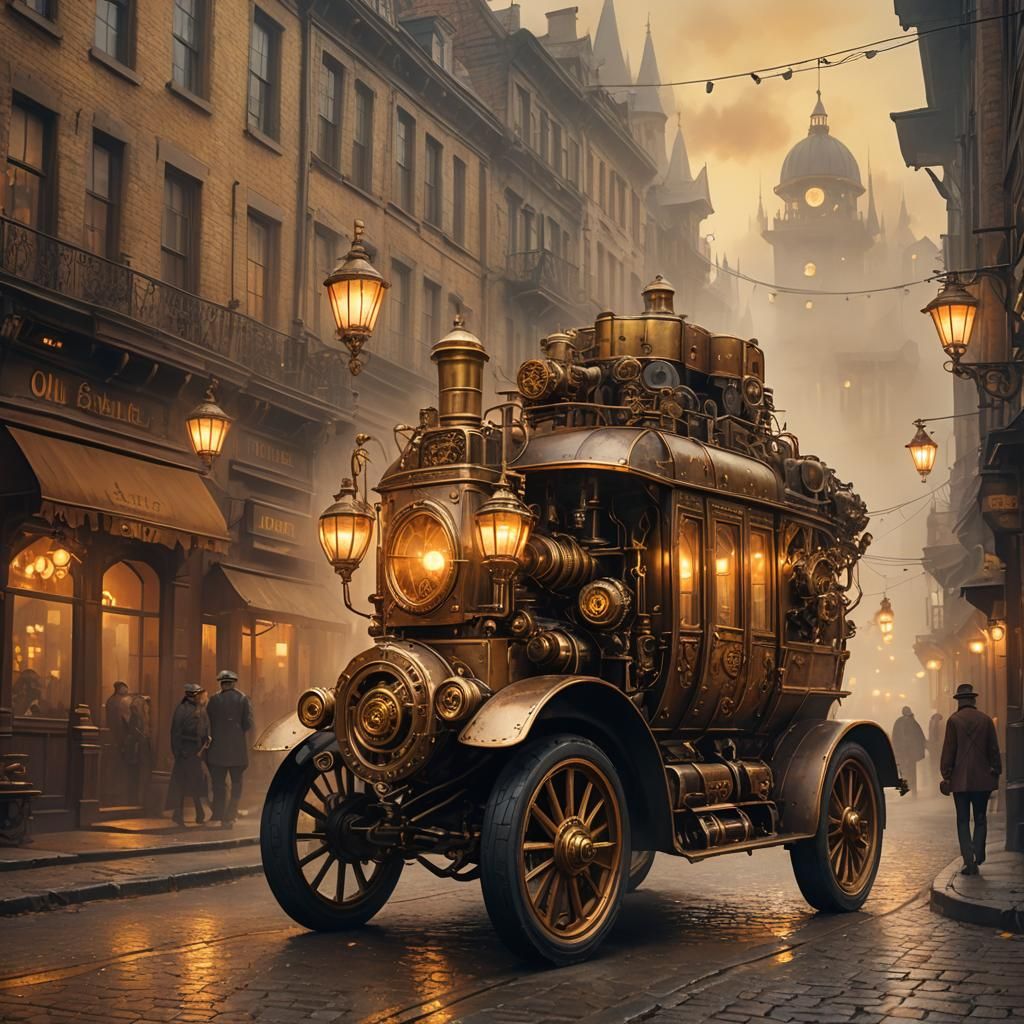 Steampunk Vehicle on Misty City Street in Detailed Matte Pai...