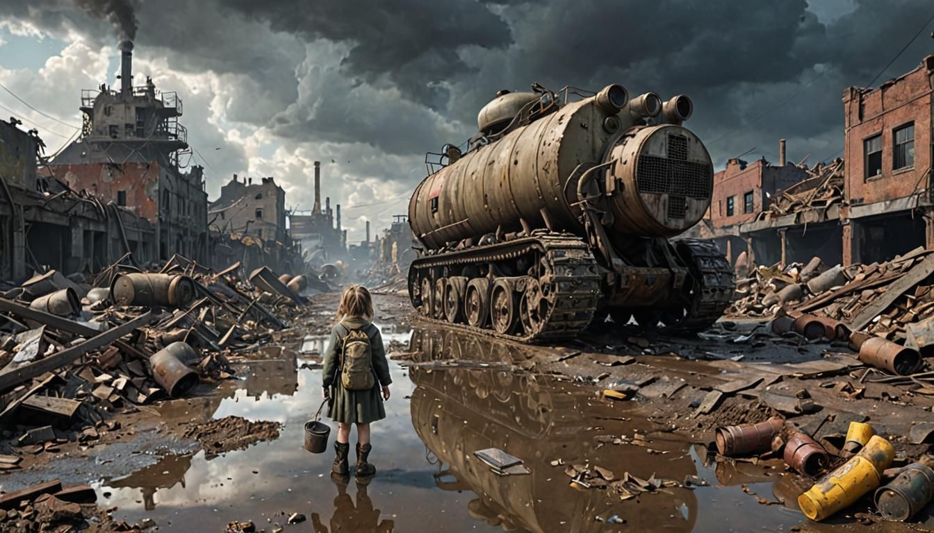 Grimdark Wasteland: Ruined Machine in a Wartorn Landscape