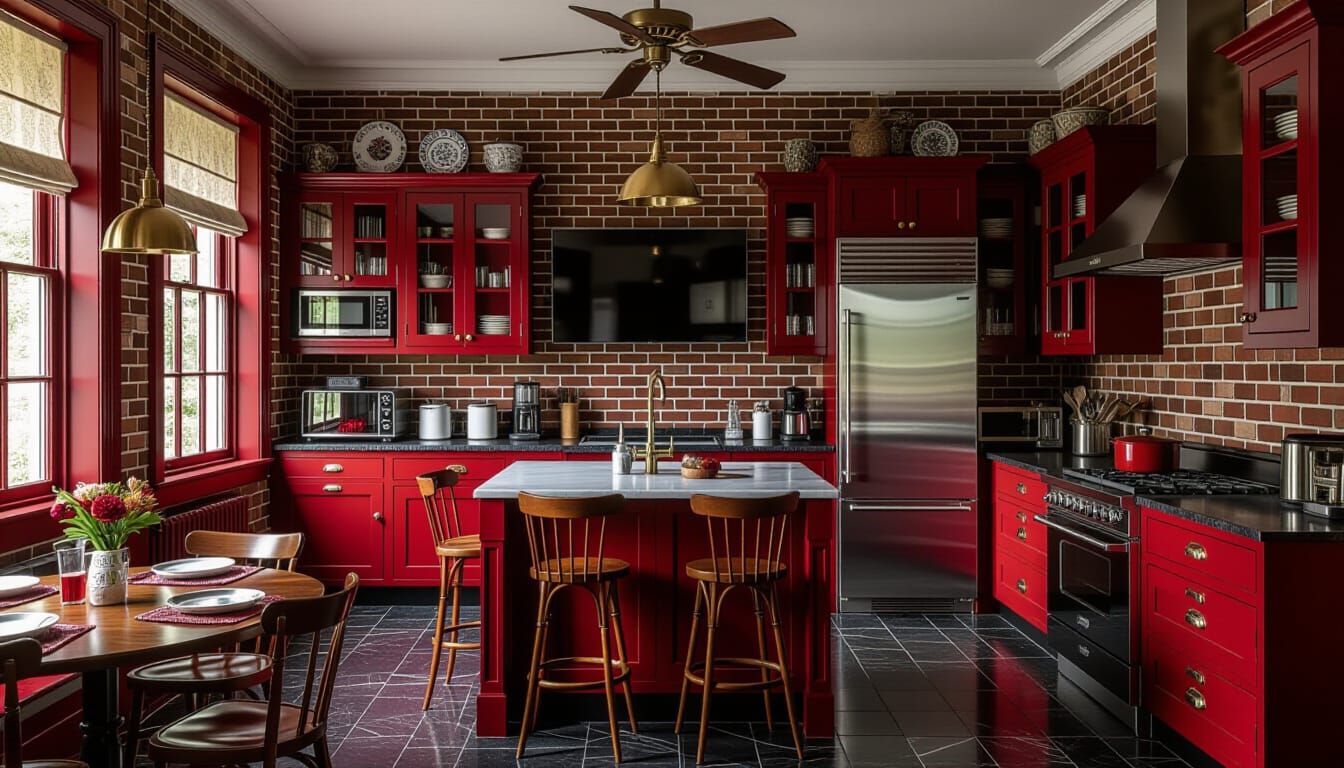 Victorian Kitchen in Dark Red Tones, Dutch Golden Age Style