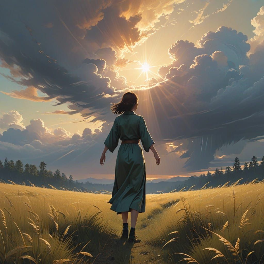 Woman Embracing Divine Love in Ethereal Landscape