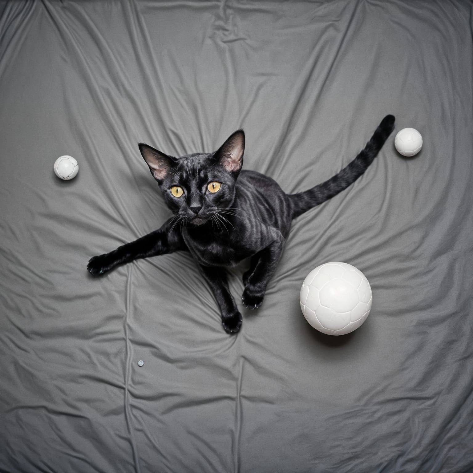 Playful Black Devon Rex Cat on Grey Bed
