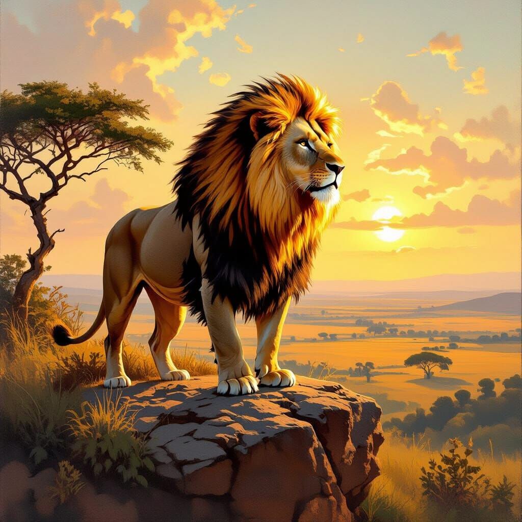 Majestic Lion with Fiery Mane Overlooking Savanna