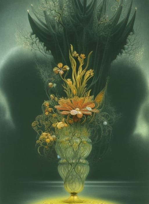 Exotic Flowers in Crystal Vase: Fantasy Concept Art