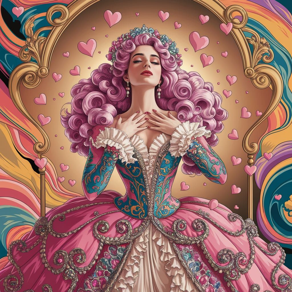 Woman in Whimsical, Hand-Painted Garment, Surrounded by Hear...