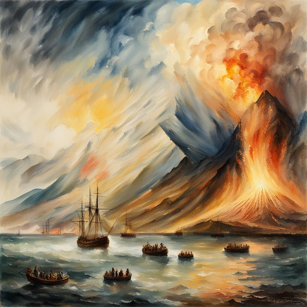 Tambora Eruption in Impressionist Gouache Style