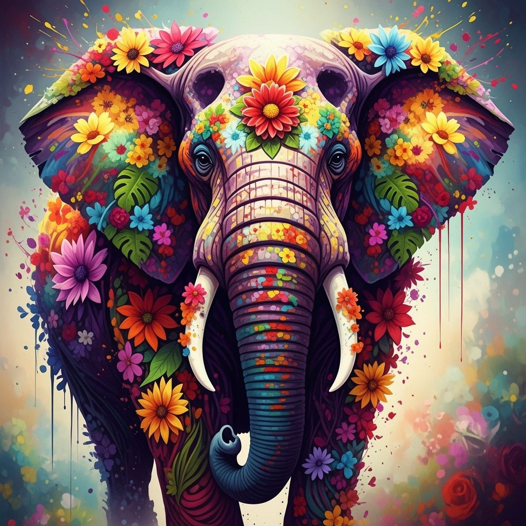 Vibrant Elephant Head Fused With Colorful Flowers