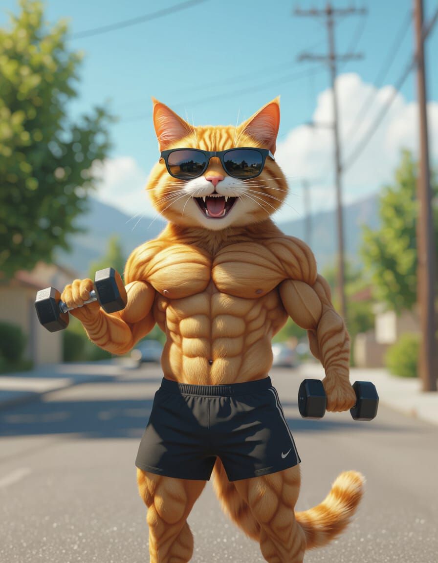 Muscular Cat Lifting Weights in Photorealistic Style