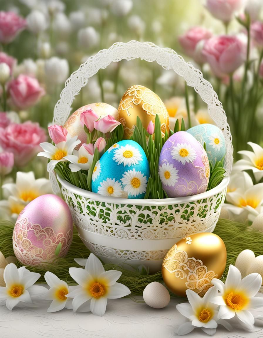 Luxury Easter Egg Basket in Spring Field, 3D Render