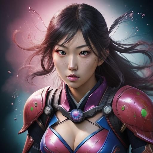 Hyperrealistic Japanese Superheroine in Splash Art Style