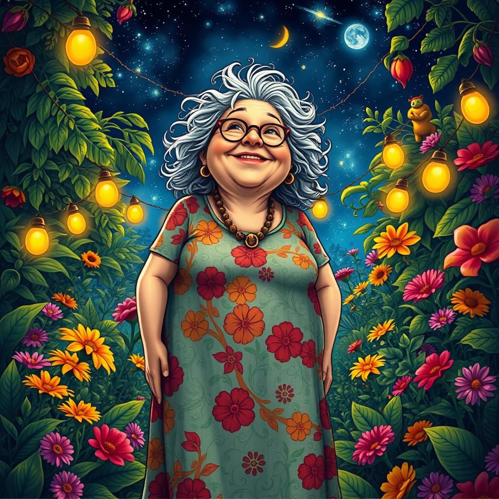 Grandma Stargazing in Whimsical Garden Illustration