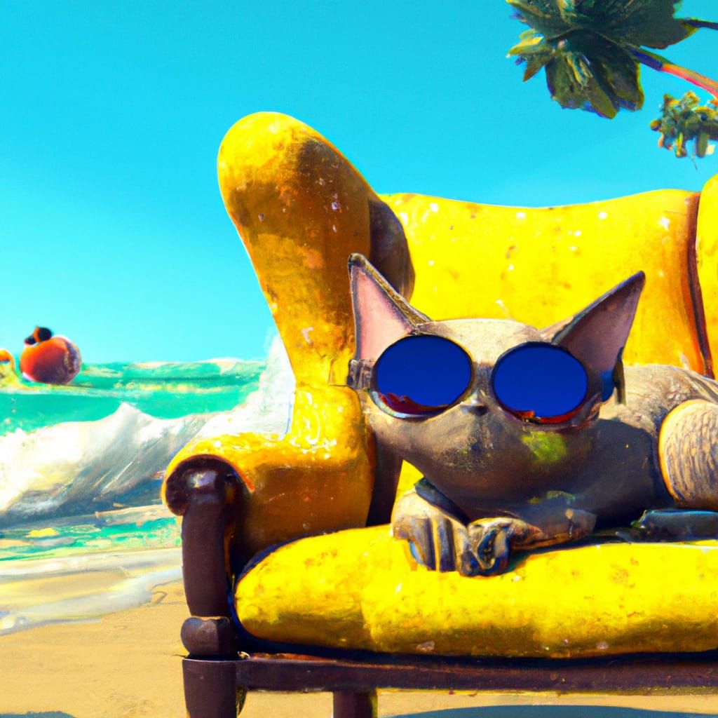 Cat with Sunglasses Relaxing on Beach, Digital Art