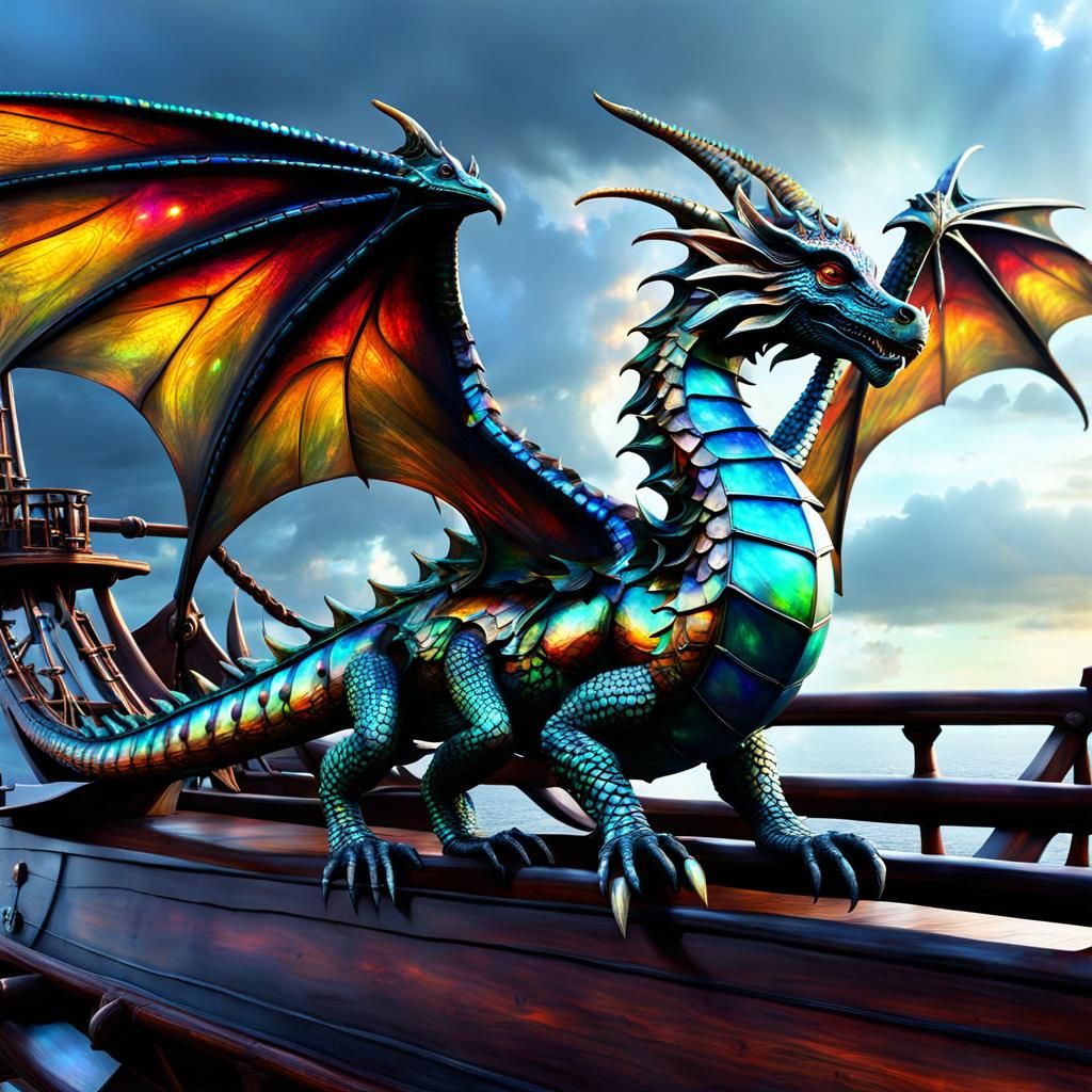 Iridescent Opal Dragon on Pirate Ship: Digital Painting
