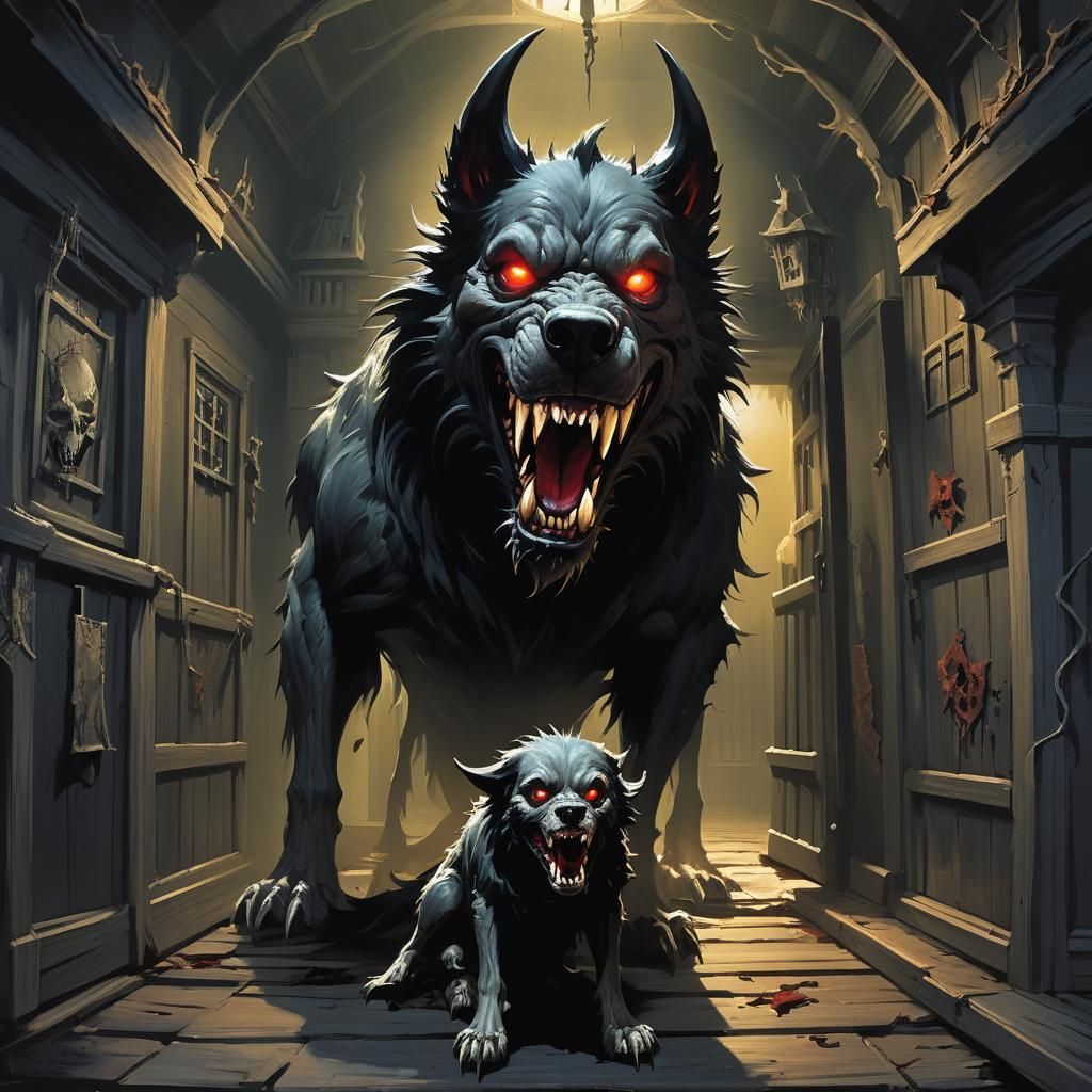 Sinister Hellhound in Haunted House