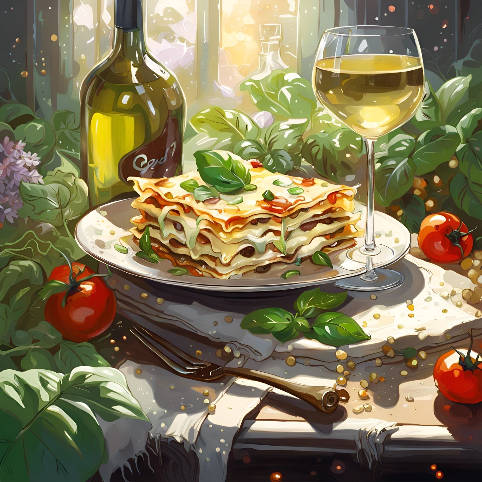 Delicious Lasagna with Wine in Digital Art Style