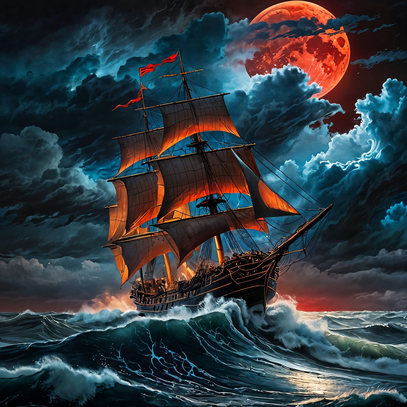 Stormy Ship Under Blood Moon as Impasto Painting