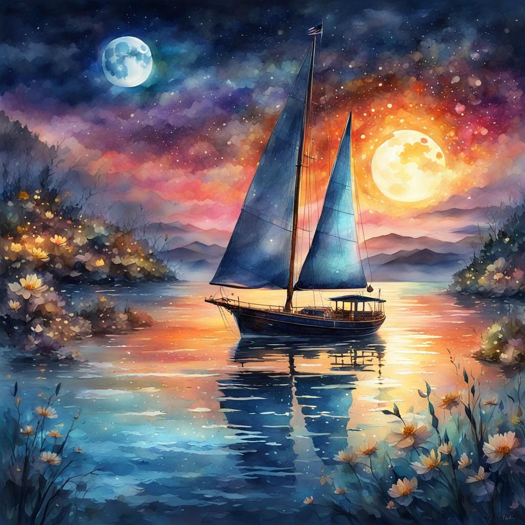 Sailboat on Moonlit Waters Watercolor Illustration