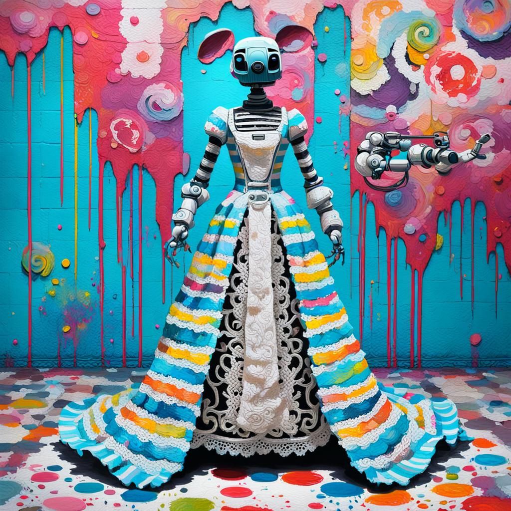 Rococo Robot in Mixed Media Impasto Style