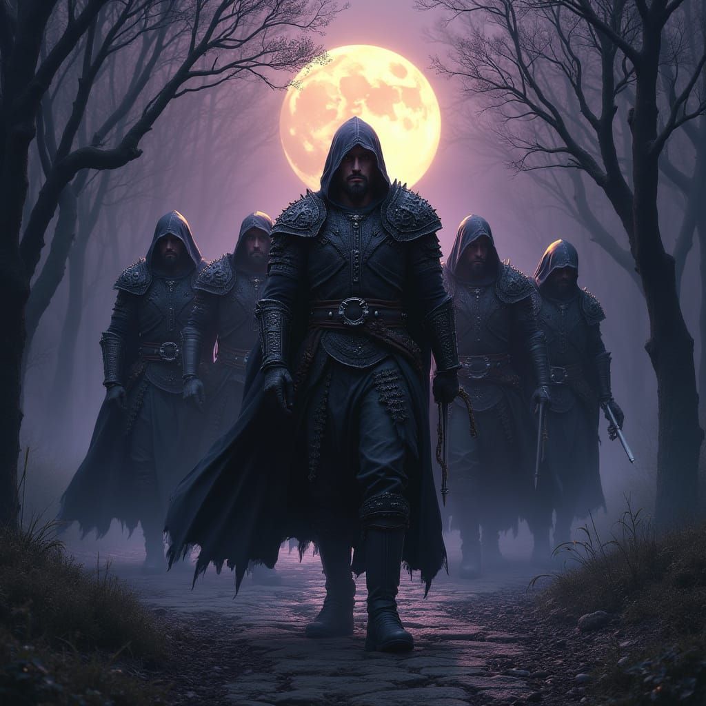 Dark Fantasy Warriors in Moonlit Forest