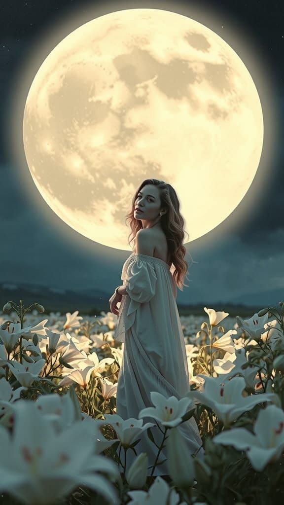 Woman in Lily Field Under Moon, Surreal Photography