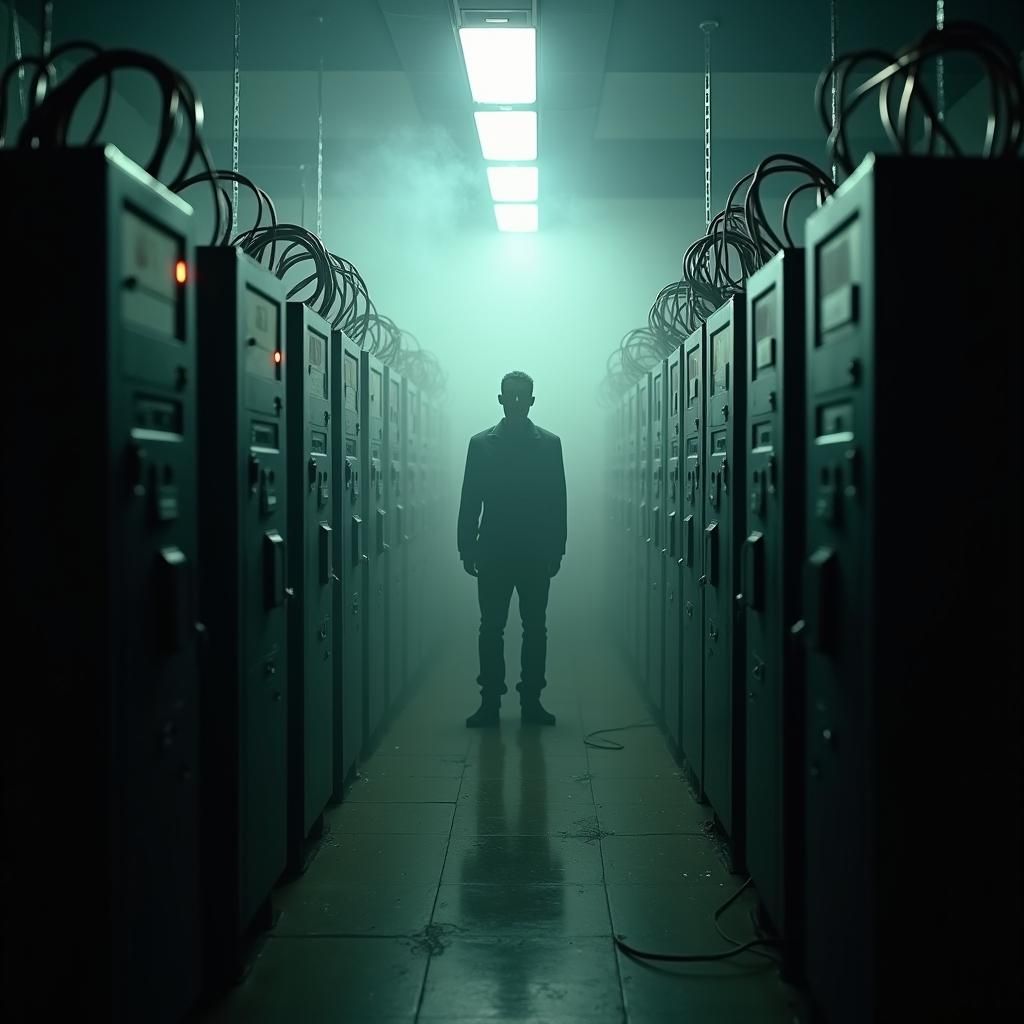 Tense Figure Surveys Servers in Dimly Lit Room