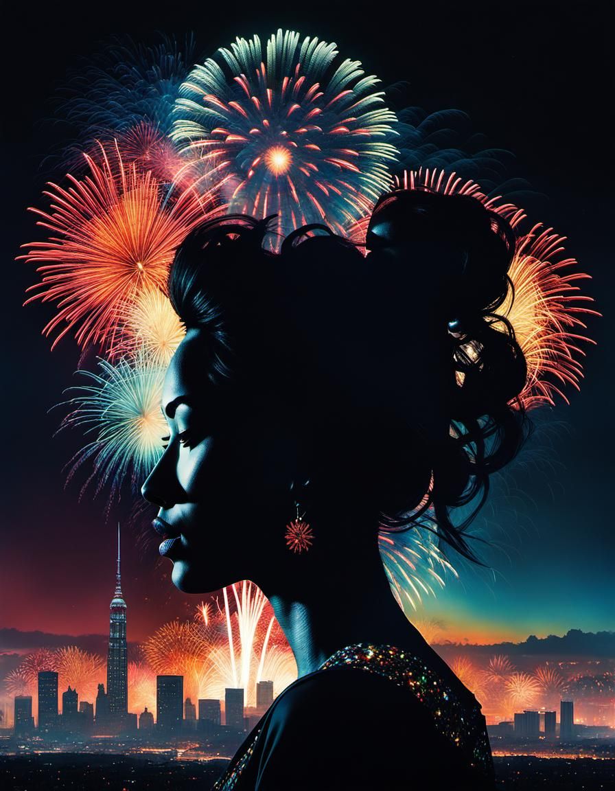 Silhouette Portrait with Fireworks in Double Exposure